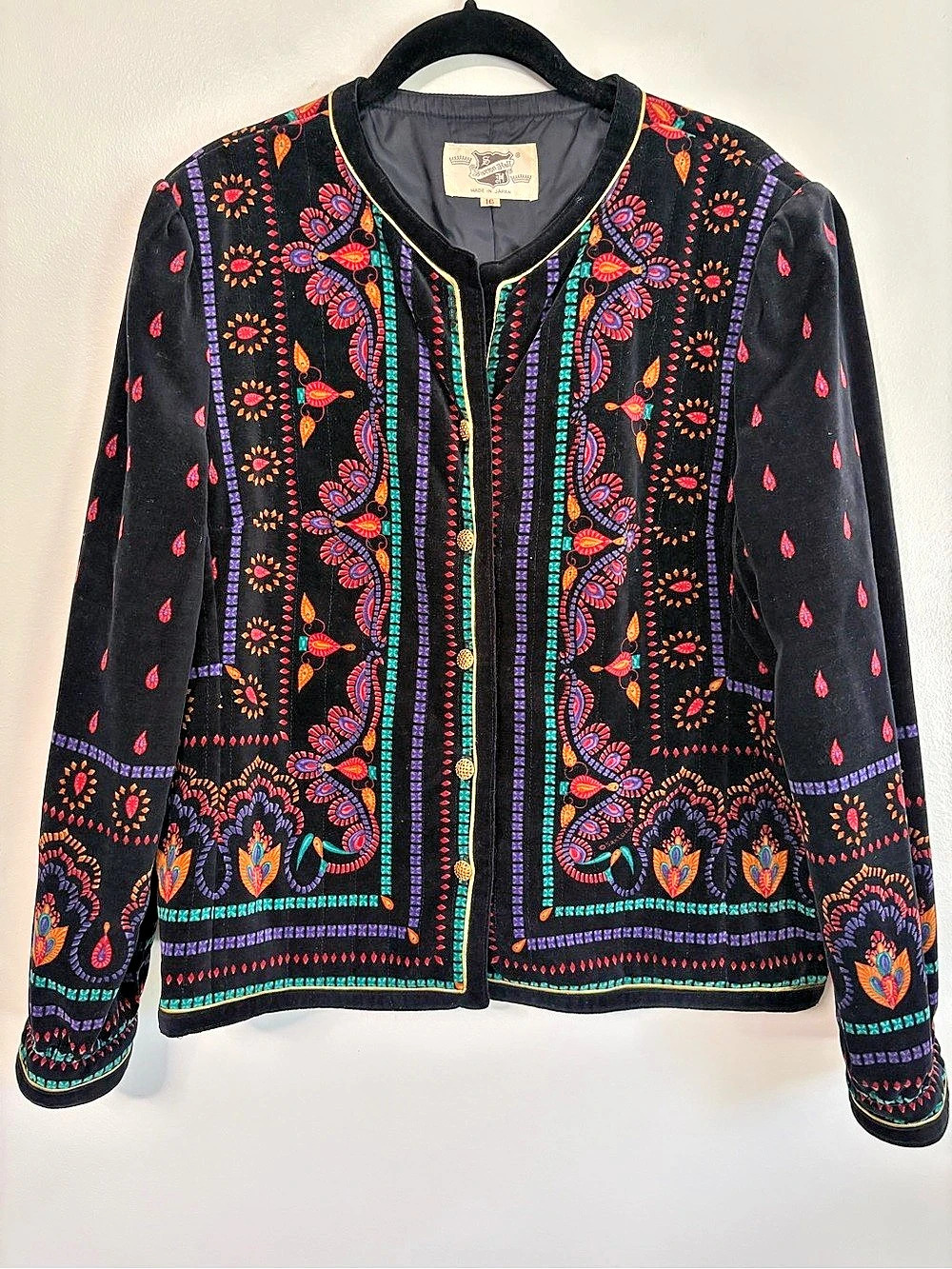 VTG Saxton Hall Colorful Vibrant Printed Velvet Jacket in Black Size 16